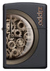 Briquet Zippo vue de face illustration en couleur qui montre un horloge a engrenages mobiles en métal