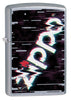 Vue de face 3/4 briquet Zippo street chrome avec logo Zippo multicolore