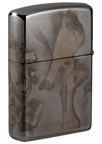 Vue de dos briquet Zippo noir haute brillance avec motif de l'artiste Spazuk 