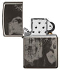 Vue de face briquet Zippo noir haute brillance avec motif de l'artiste Spazuk, ouvert 