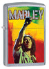 Vue de face 3/4 briquet Zippo chromé Bob Marley avec le poing levé
