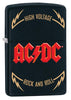 Vue de face 3/4 briquet Zippo pochette AC/DC Black Matte logo High Voltage Rock and Roll