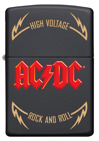 Vue de face briquet Zippo AC/DC noir mat, logo High Voltage Rock and Roll