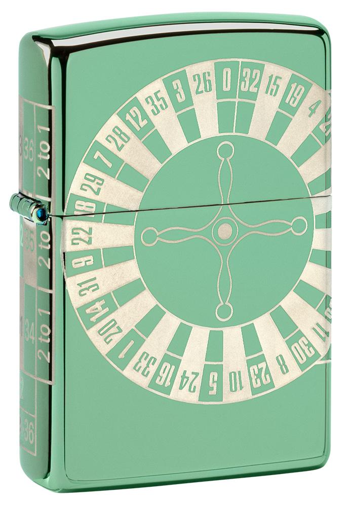 Vue de face 3/4 briquet Zippo High Polish Green avec table de roulette