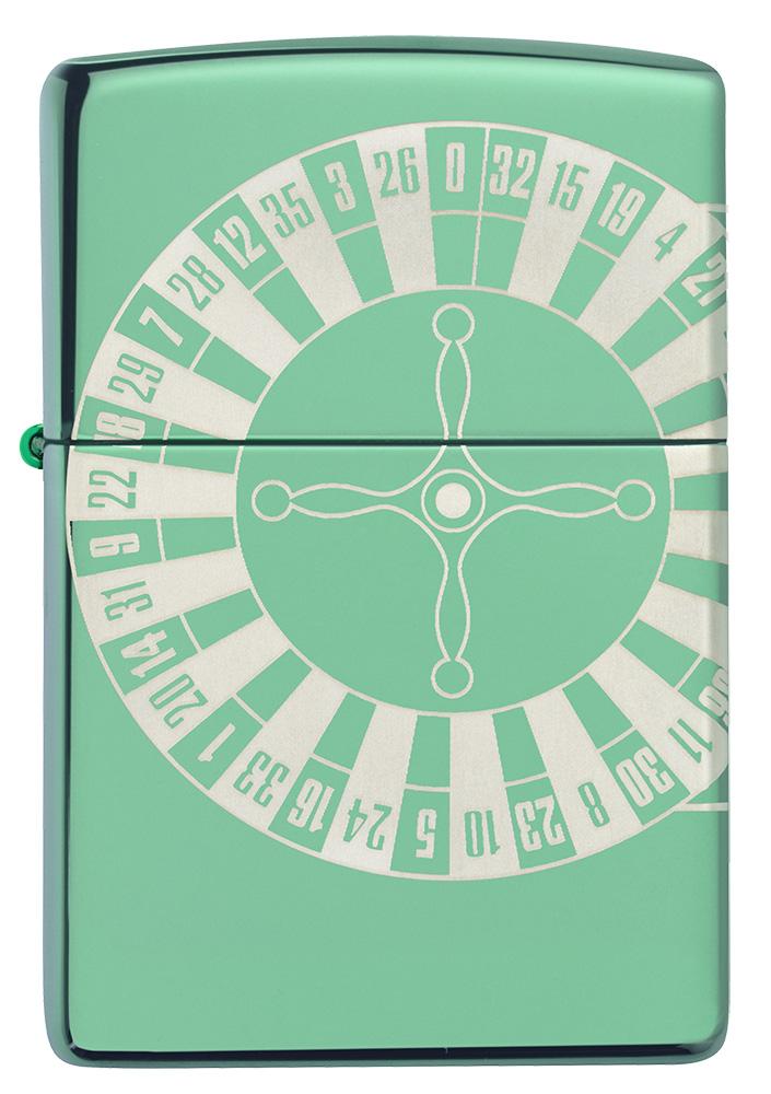 Vue de face briquet Zippo High Polish Green avec table de roulette