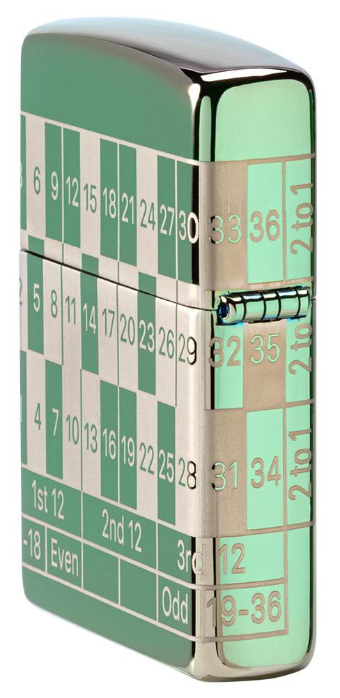 Vue de côté arrière briquet Zippo High Polish Green avec table de roulette