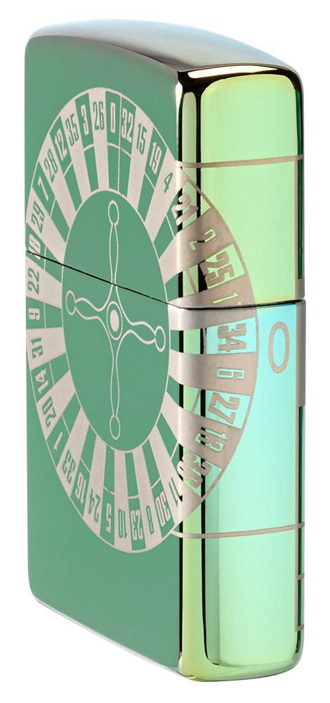 Vue de côté avant briquet Zippo High Polish Green avec table de roulette