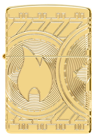 Briquet Zippo Vue de face Monnaie Design représentant la flamme Zippo sur une pièce de monnaie avec des arcs de cercles en gravure profonde
