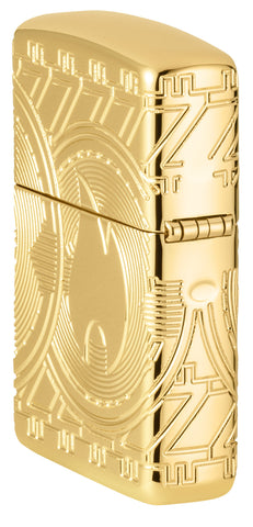 Briquet Zippo Vue latérale dos ¾ Angle Monnaie Design représentant la flamme Zippo sur une pièce de monnaie avec des arcs de cercles en gravure profonde.