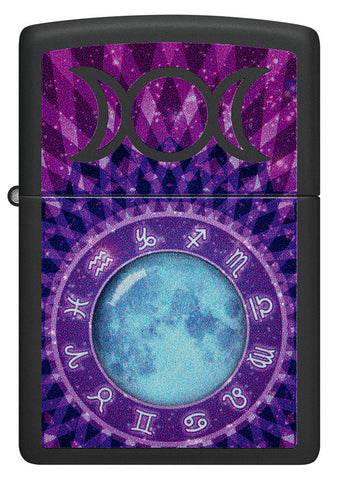 Briquet Zippo vue de face et fait de métal, avec une illustration en couleur qui montre une roue des douze signes astrologiques du zodiaque