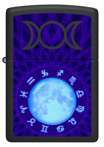 Briquet Zippo  vue de face et fait de métal, avec une illustration en couleur qui montre une roue des douze signes astrologiques du zodiaque