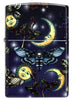 Briquet Zippo, (Vue de face et fait de métal), avec une illustration en couleur qui montre un soleil médiéval magique, la lune et dizaines de papillons.