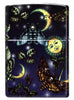 Briquet Zippo, (Vue de l'arrière et fait de métal), avec une illustration en couleur qui montre un soleil médiéval magique, la lune et dizaines de papillons.