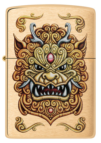 Vue de face du briquet Zippo coupe-vent Foo Dog Design, représentant un lion doré impérial dans le style de l'art chinois.