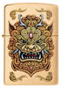Vue de face du briquet Zippo coupe-vent Foo Dog Design, représentant un lion doré impérial dans le style de l'art chinois.