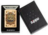 Briquet Zippo coupe-vent Foo Dog Design dans sa boîte cadeau, représentant un lion doré impérial dans le style de l'art chinois.