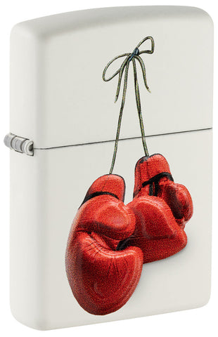 Vue de face ¾ angle Zippo briquet blanc avec gants de boxe rouges