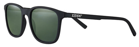 Lunettes de soleil Zippo vue de face ¾ d'angle avec verres verts et monture carrée étroite en noir avec logo Zippo blanc