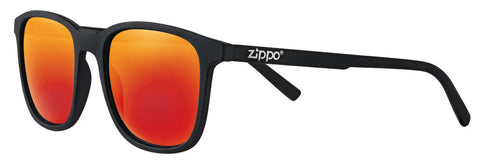 Lunettes de soleil Zippo vue de face ¾ angle avec verres orange et fine monture carrée en noir avec logo Zippo blanc
