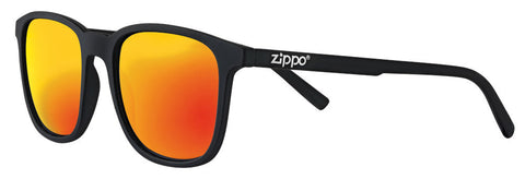 Lunettes de soleil Zippo vue de face ¾ angle avec verres dorés et fine monture carrée en noir avec logo Zippo blanc