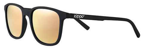 Lunettes de soleil Zippo vue de face angle ¾ avec verres dorés rose et étroite monture carrée en noir avec logo Zippo blanc
