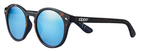 Lunettes de soleil Zippo vue de face angle ¾ avec verres ronds et larges branches de lunettes dans différentes nuances de brun avec logo Zippo blanc